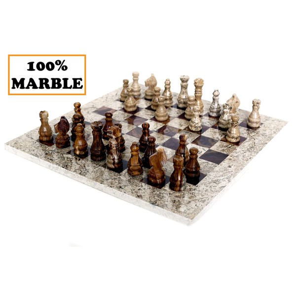 Radicaln 15 Inches Fossil Coral and Dark Brown Weighted Handmade Marble Most Popular Chess Board Games Set - Classic Style Staunton Home Decor Chess Sets - Non Checker Non Go Non Backgammon