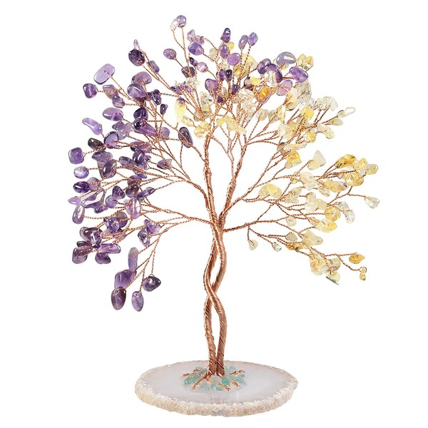 mookaitedecor Healing Amethyst & Citrine Crystal Decor Tree with Agate Slice Base, Stone Gift Lucky Money Tree for Women Feng Shui Office Home Decor