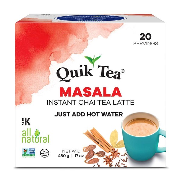 QuikTea Masala Chai Tea Latte 20 Pouches - Packaging May Vary | Single Serve | All Natural & Preservative Free Authentic Instant Chai