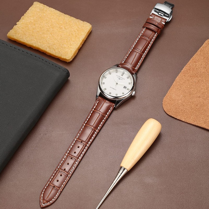 Moran Genuine Leather Watch Band, Quick Release, Polished, Deployment Buckle,