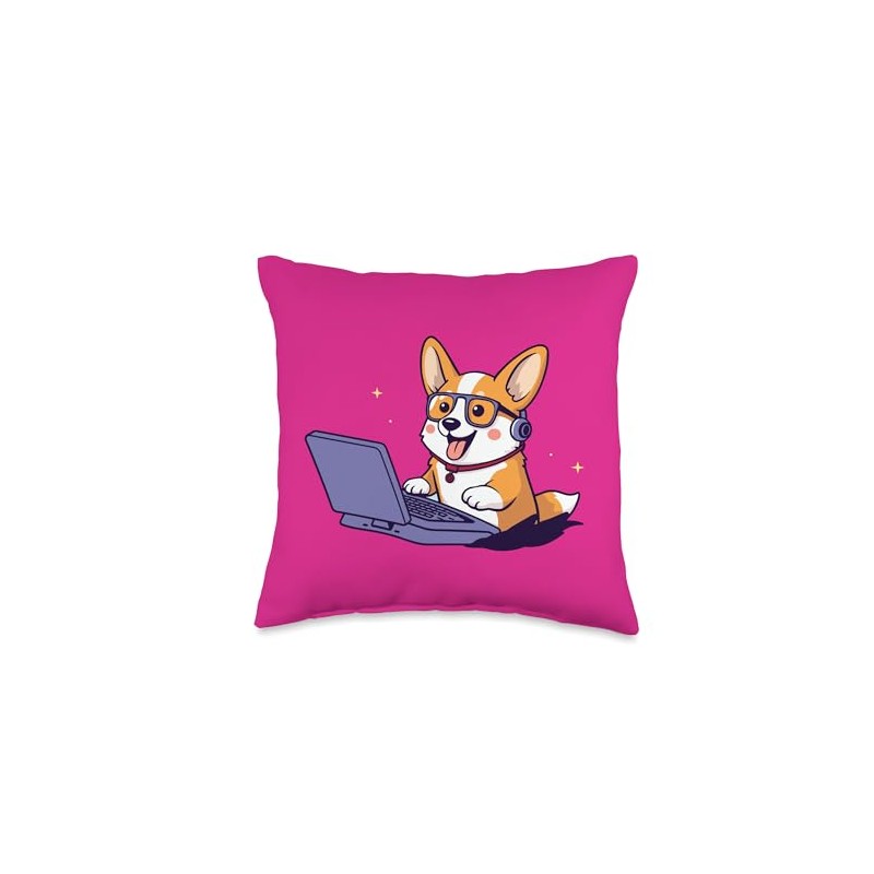 Cute Corgi on Computer Throw Pillow