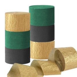 Black Gold and Dark Green Decorations,6 Rolls Crepe Paper Streamers for Birthday Decorations,82 feet Long 1.77 inch wid