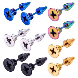 Screw Earring Studs, 5 Pairs Unisex Stainless Steel Piercing Cross Screws Hoop Clip on Earrings Punk Hip Hop Earrings Tragus Cartilage Ear Stud for Men Women, 5 Colors