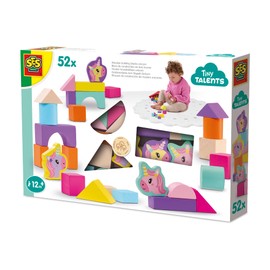 SES Creative 13251 Wooden Building Blocks Unicorn 52pcs - Creative Building Set for Kids Aged 12 Months+ - Includes 49 Colorful Wooden Blocks and 3 Printed Unicorn Shapes