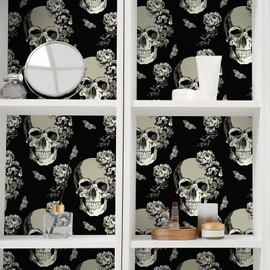 VaryFloral Black Gothic Skull Wallpaper Peel and Stick Vintage Dark Floral Butterfly Wallpaper Sugar Skull Flower Contact Paper Home Decorative 12"x118" Removable Wall Paper for Bedroom Basement Door