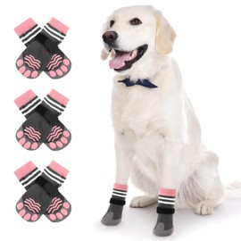 KOESON Dog Socks, Dog Grippy Socks for Senior Dogs and Large Dogs, Anti Slip Dog Socks to Prevent Licking Paws, 3 Pairs Indoor Dog Traction Socks, Pink L