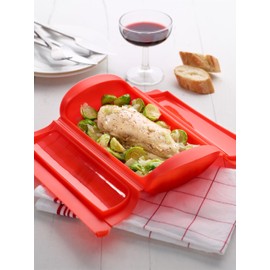 Lékué 1-2 Person Steam Microwave Cooking Case with Draining Tray & 10min Cookbook (Red) 100% Silicone BPA-Free Family Portion Steam Cooking Container for Meals, Vegetables, Meat, Fish & More