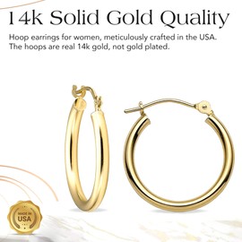MAZZERI Solid Gold Hoop Earrings 14k Real Gold For Women and Men - Hypoallergenic, Made in the USA, Available in Yellow or White Gold (W-14mm)