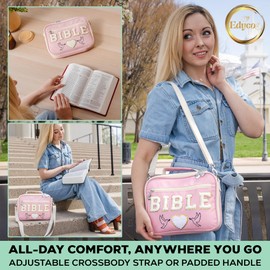 Chenille Letter Bible Case for Girls - Large Study and Church Bag Cover Purse Fits All Bibles - Cute Christian Carrying Tote with Shoulder Strap - Faith Accessories Gift for Teens and Women - Pink