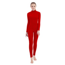 SUPRNOWA Women's Jumpsuit Bodycon Footless Unitard Long Sleeve Bodysuit with Zipper Comfortable Spandex One-Piece Dance Costume (L, Red Footless)