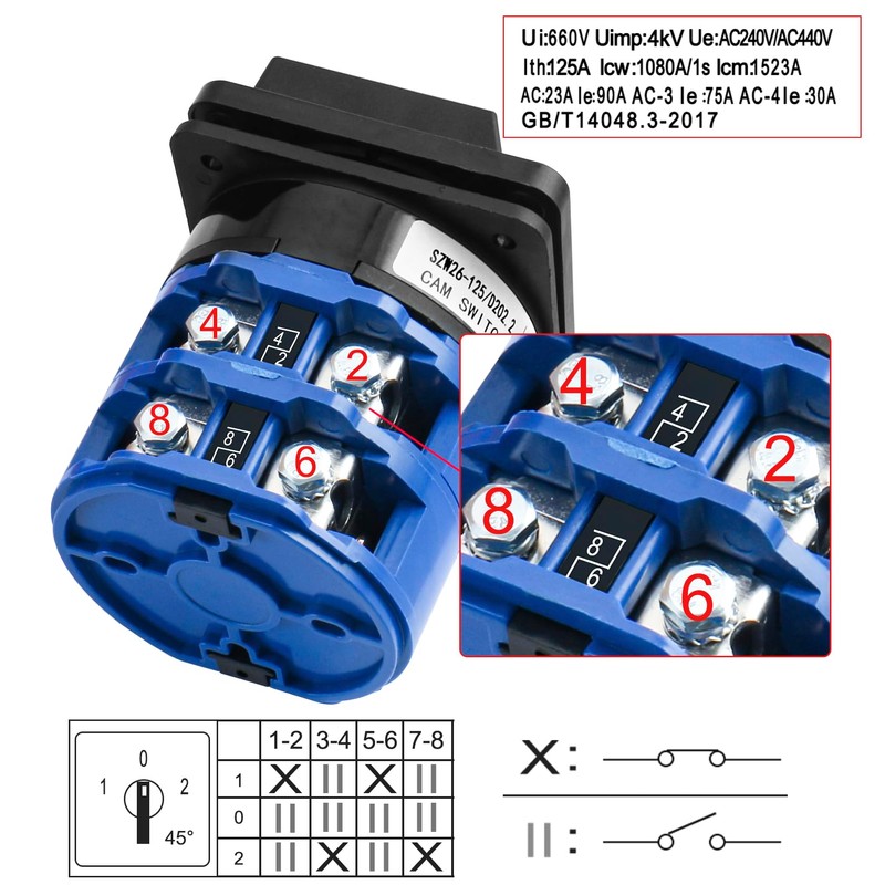 Heschen Universal Rotary Cam Selector Changeover Switch, SZW26-125/D202.2, 660V 125A,