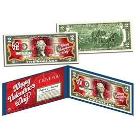 Happy Valentine's Day Red Uncirculated Two Dollar Bill Special Edition Collectible Display Holder and Certificate