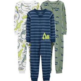 Simple Joys by Carter's Baby Boys' 3-Pack Snug Fit Footless Cotton Pajamas, Blue Stripe/Green Trucks/White Dinosaur, 4T