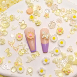 100Pcs Yellow Nail Charms Butterfly Nail Charms 3D Mix Nail Shape Charms Design Resin Nail Rhinestone Cute Nail Art Charms for Women Acrylic Nail Supplies DIY Manicure Decoration Accessories