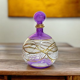 Les Trois Pyramides Hand Blown Engraved perfume Bottle with 14K Gold lining | Violet Fragrance Bottle | Refillable Perfume Glass Bottle | Blown Glass Bottles for essential oils | Decorative Bottle