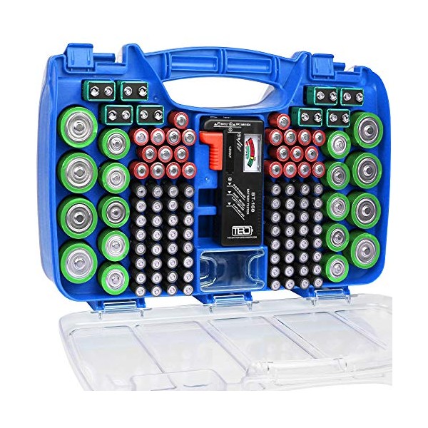 The Battery Organizer Storage Case with Hinged Clear Cover, Includes a Removable Battery Tester, Holds 180 Batteries Various Sizes Blueâ¦, Model Number: TBO2705