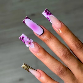 MISUD Press on Nails Long Square Fake Nails Glossy Glue on Nails Gold Chrome Acrylic Nail Supplies Squoval Artificial Nail Art Puple Handmade Flower Stick on False Nails with Design DIY 24 pcs