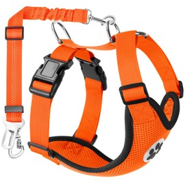 SlowTon Dog Harness with Seat Belt for Car, Breathable Dog Harness, Safety Belt with 2 Carabiner Hooks for Attaching to Seat Belt Buckle or Boot (Orange, S)