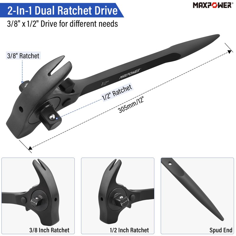 MAXPOWER 1/2" and 3/8" Drive Scaffold Ratchet Wrench, Podger Spanner