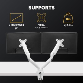 Fellowes Platinum Series Dual Monitor Arm for 32-Inch Monitors, Full Motion, 360° Rotation, VESA Mount with Grommet or Clamp, USB Ports, Ergonomic, White, 8056301