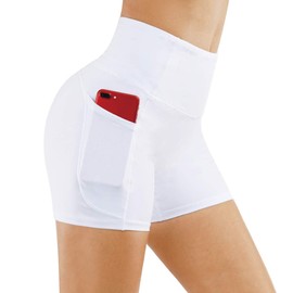THE GYM PEOPLE - Pantalones Cortos de Yoga de Cintura Alta para Mujer, Control de Abdomen, Fitness, Atletismo, Pantalones Cortos para Correr con Bolsillos Profundos, Blanco, X-Small