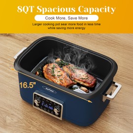 Sunvivi 8 Quart Slow Cooker Roaster Oven, 12 in 1 Programmable Multi-Cooker Food Warmer with Digital Timer, Temp Control, Removable Cast Aluminum Pot & Dishwasher-Safe Tempered Glass Lid, Blue