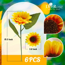 Meiliy 6 Pcs Artificial Sunflower Bouquet Fake Sunflowers with Stems for Wedding Bride Bridesmaid Holding Flowers Bulk for Home Hotel Office Wedding Party Garden Craft Art Decor
