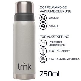 trnk Outdoor Thermos Flask Polar 2 - Stainless Steel Thermos Flask 750 ml - BPA-Free - Thermos Keeps Hot for 24 Hours - Lid with 2 Drinking Cups - Dishwasher Safe (Glacier Grey)