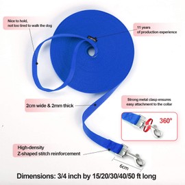 Siumouhoi Dog/Puppy Obedience Recall Training Agility Lead-15 ft 20 ft 30 ft 40 ft 50 ft Long Leash -for Training Leash, Play, Safety, Camping,or Backyard(40Feet, Blue)