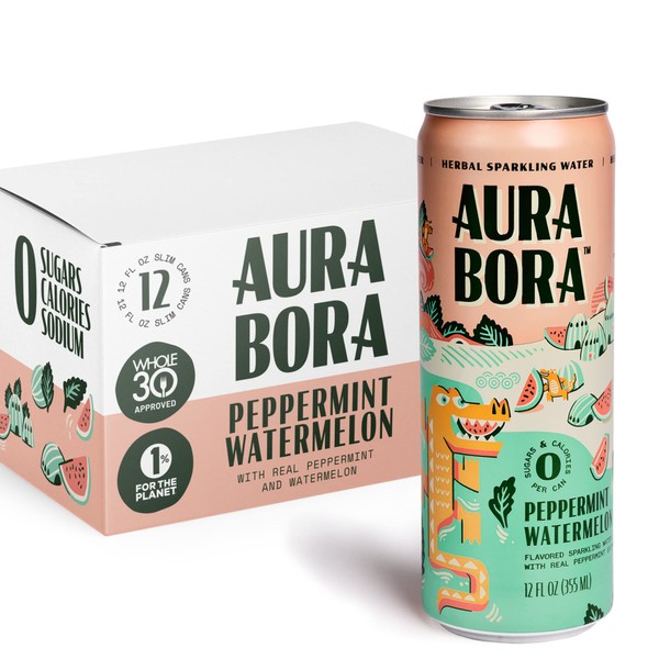 Peppermint Watermelon Herbal Sparkling Water by Aura Bora, 12 oz Can (Pack of 12), 0 Calories, 0 Sugar, 0 Sodium, Non-GMO