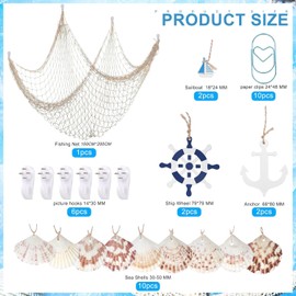 YSDMY Decorative Fishing Net 1.5 m x 2 m Nautical Fish Net with Shells, Sailing Boat, Steering Wheel, Wooden Anchor, Picture Hanger, Paper Clips for Nautical Decoration Party at Home