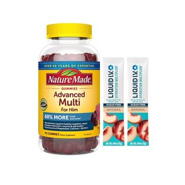 Nature Made Advanced Multi for HIM with MAGNESUIM Citrate CALCUIM & 8 B Vitamins MULTIVITAMIN for Men Gummies (195 CT) Mixed Berry FLV + Bonus 2 Suger Free White Peach Hydration Sticks