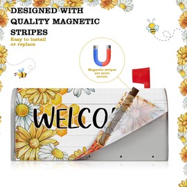 Blosssound Bee Mailbox Cover Magnetic Spring Summer Daisy Flower Welcome Post Letter Box Wrap 21x18 Inch Yellow White Floral Mailbox Decoration for Garden Outdoor Yard Home