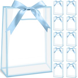 CINSOEN 12 Pcs Clear Plastic Gift Bag with Handle, PVC Gift Bag with Ribbon Bow for Graduation Wedding Bridal Birthday Baby Shower Party, 7 x10 x 3.15 Inch, Light Blue