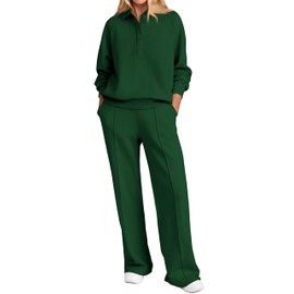 PRETTYGARDEN Women Fall 2 Piece Outfits Sweatsuits Quarter Button Long Sleeve Sweatshirt Wide Leg Pants Tracksuit Lounge Sets(Dark Green,Medium)