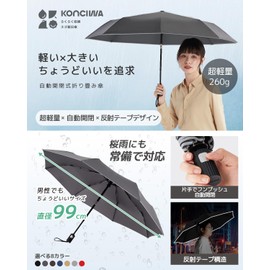 Konciwa Folding Umbrella, One-Touch, Automatic Open/Close, Men's, 9.1 oz (260 g), Ultra Lightweight, 8 Ribs, Automatic Opening/Closing, Folding Umbrella, Unisex, Easy to Carry, gray (dark gray)