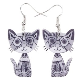 BONSNY Shoelace Pop Art Cat Collection Large Statement Long Dangle Earrings Grey Acrylic, Acrylic