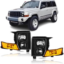 corkiauto Headlights Assembly Replacement for 2006 2007 2008 2009 2010 Jeep Commander Driver and Passenger Side, Black Housing Amber Side