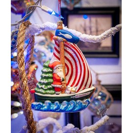 Vaillancourt Folk Art Santa on St. Nicholas Sailboat with Nantucket Whale Flag