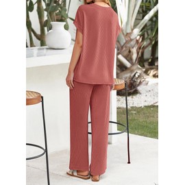 KIRUNDO Womens Summer 2 Piece Outfits Casual Ribbed Knit Short Sleeve Tops Wide Leg Pants Lounge Sets Tracksuit Sweatsuit(Rust Red, Large)