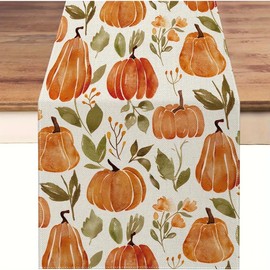 Fall Pumpkin Flower Leaf Table Runner, Autumn Seasonal Thanksgiving Day Table Decoration 13x72 Inch for Kitchen Dinning Home Party