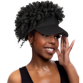VAVANGA Black Baseball Cap with Short Afro Kinky Hair Attached - Synthetic Hair Afro Puff Kinky Curly Ponytail Extension Hat Wig for Black Women - 1B#