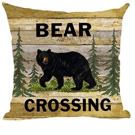 ramirar Black Bear Crossing Green Forest Trees Field Retro Brown Wood Background Autumn Decorative Throw Pillow Cover Case Cushion Home Living Room Bed Sofa Car Cotton Linen Square 18 x 18 Inches