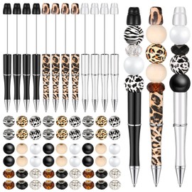 Geyee 12 Set Plastic Beadable Pens Assorted Bead Pens Crystal Wood Round Spacer Set Black Ink DIY Ballpoint for Women Men Gift Office Supplies
