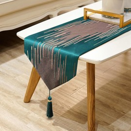 Green Damask Fabric Embroidery Table Runners 120 Inches Long Luxury Contemporary Abstract Stripe Table Runner with Tassels for Dining Room Dresser Holiday Christmas