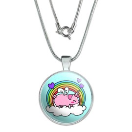 GRAPHICS & MORE Cute Unicorn Pig with Rainbow 1" Pendant with Sterling Silver Plated Chain