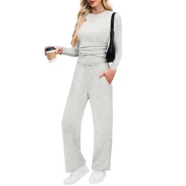 WIHOLL Matching Sets Women Clothing Summer Fall Beach Fashion Resort Wear for Seniors 2025 Cruise Vacation Outfits Two Piece Travel Workout Sets Business Casual Tracksuits Light Grey S