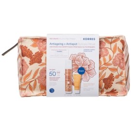 Korres Anti-Ageing And Anti-Spot Suncare Ritual - Red Grape Sheer Glow Daily Sunscreen Face Cream SPF50 50ml & Black Pine Primus Wrinkle Defying Day Cream 20ml & Toiletry Bag