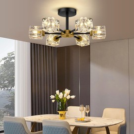 SHINELUX Modern Sputnik Chandelier, 6-Lights Crystal Semi Flush Mount Ceiling Light Fixtures for Dining Room Kitchen Living Room Bedroom Bathroom Entryway Foyer