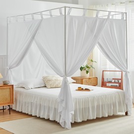 AIKASY White Canopy Bed Curtains with Top Ties and Tie Backs for Bedroom Decoration - Queen Size Bed Curtains with Windproof and Lightproof Features